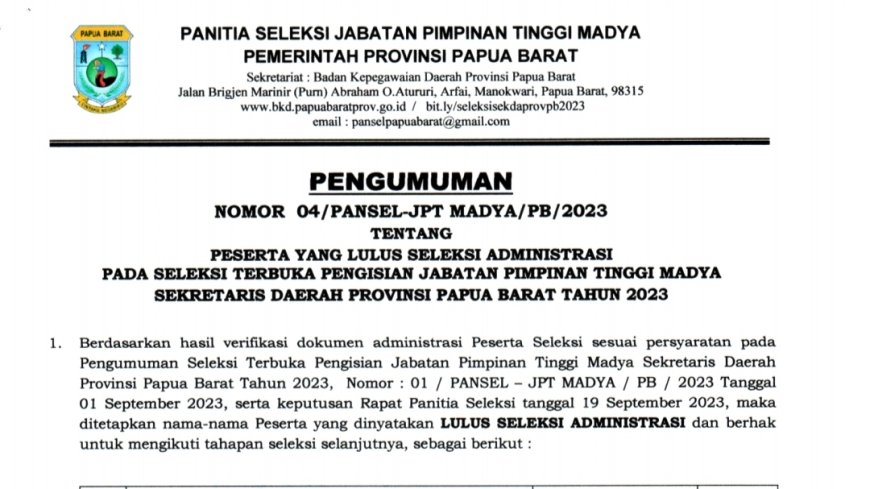 Ini 9 Nama Peserta Seleksi Sekda Papua Barat Yang Lolos Tahap Selanjutnya