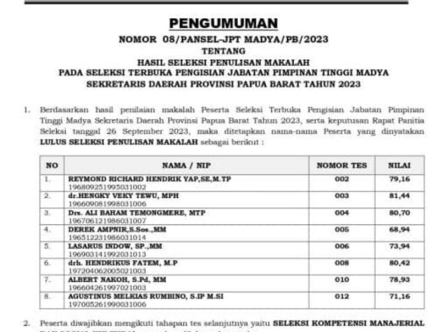 Pekan depan 8 Calon Sekda Papua Barat Ikuti Seleksi di Jakarta