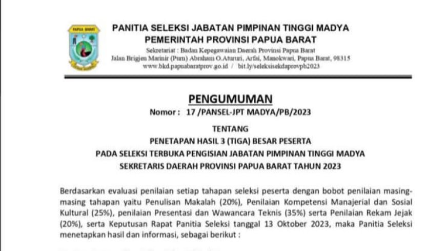 Final!! Pansel Umumkan Tiga Nama Calon Sekda Papua Barat