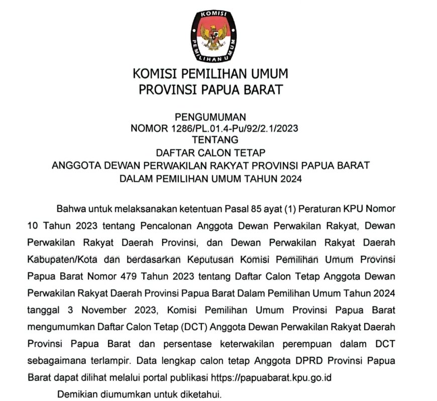 Daftar Calon Tetap Anggota DPR-PB 2024-2029 Yang Disahkan KPU Papua Barat