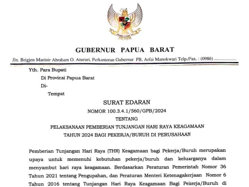 Surat Edaran Pj Gubernur Papua Barat, Pembayaran THR Pekerja Maksimal 7 Hari Sebelum Lebaran