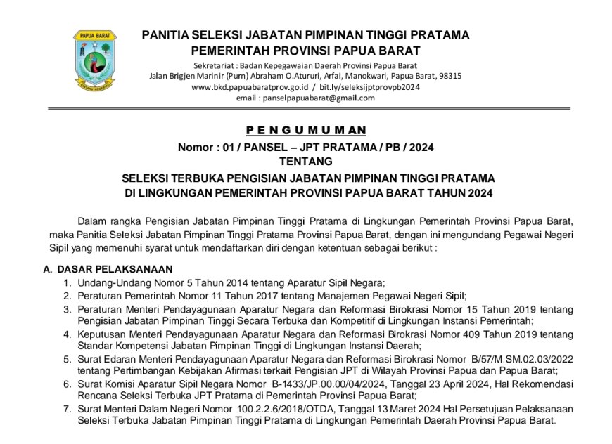 Disetujui Menpan RB, Pemprov Papua Barat Buka Seleksi 19 Jabatan Pimpinan Tinggi Pratama
