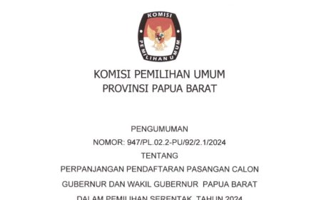 PENGUMUMAN PERPANJANGAN PENDAFTARAN CALON GUBERNUR DAN WAKIL GUBERNUR PAPUA BARAT DALAM PEMILIHAN SERENTAK 2024