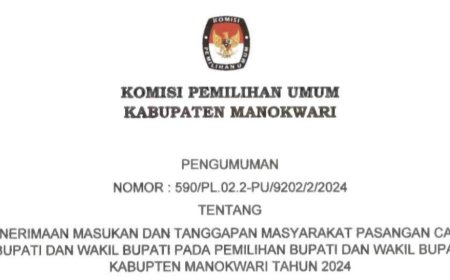KPU MANOKWARI BUKA PENERIMAAN MASUKAN DAN TANGGAPAN MASYARAKAT CALON BUPATI DAN WAKIL BUPATI PADA PILKADA 2024