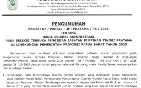 Berikut Hasil Seleksi Administrasi Pengisian JPT Pratama Papua Barat