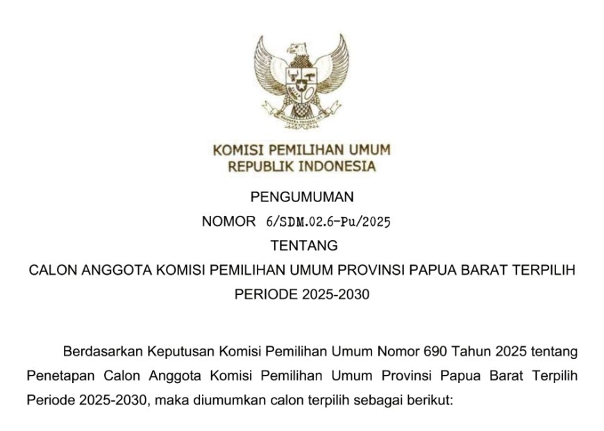 Berikut 5 Anggota KPU Papua Barat Terpilih Periode 2025-2030