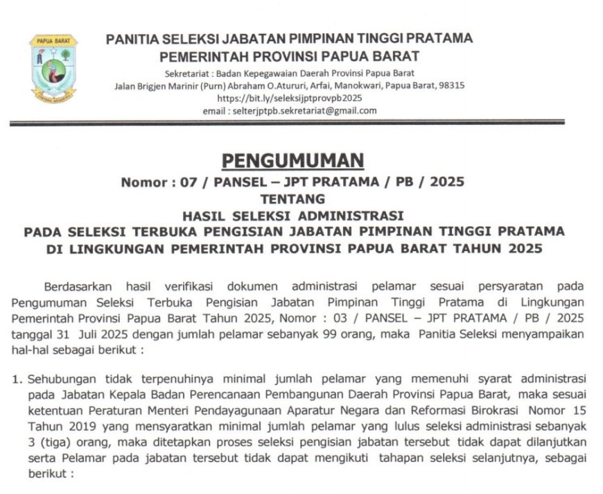 Berikut Hasil Seleksi Administrasi Pengisian JPT Pratama Papua Barat
