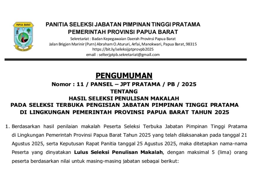 Pengumuman Hasil Seleksi Penulisan Makalah JPT Pratama