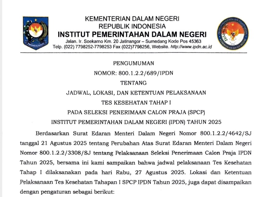 Berikut Peserta Lulus SKD Pada SPCP IPDN, Tes Kesehatan Tahap I Dimulai Besok