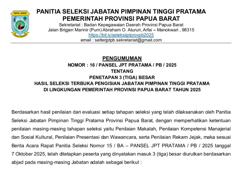 Berikut Tiga Besar Peserta Lolos Seleksi JPT Pratama Papua Barat