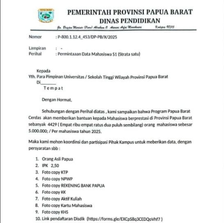 Pemprov Papua Barat Sediakan Beasiswa Untuk Ribuan Pelajar OAP