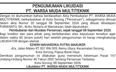 PENGUMUMAN LIKUIDASI PT. WARSA MUDA MULTITEKNIK